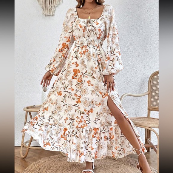 Boho floral print lantern sleeve dress - Picture 8 of 12